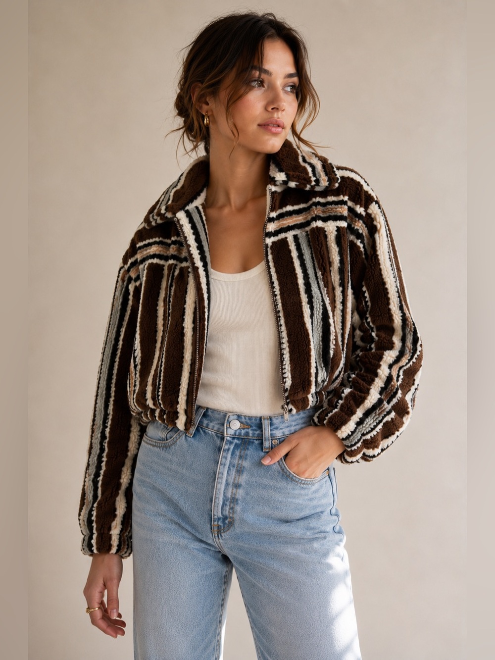 Le Lis Striped Teddy Faux Shearling Cropped Jacket Size Small - Picture 1 of 8